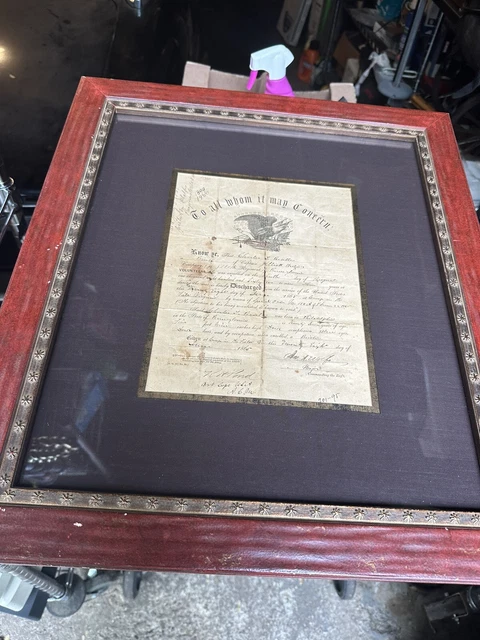 1865 Civil War Discharge Paper Charles T. Parcells In Beautiful 2 Sided  Frame