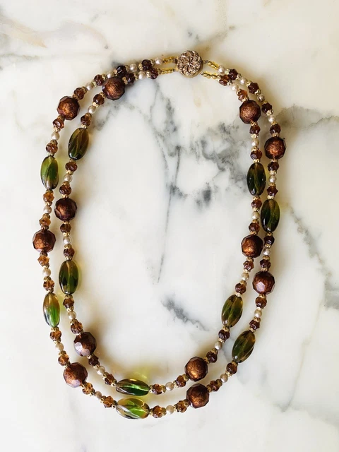 Collier Vintage Années 50 - 2 Rangs En Perles De Verre Facettées Irisées - Ancien