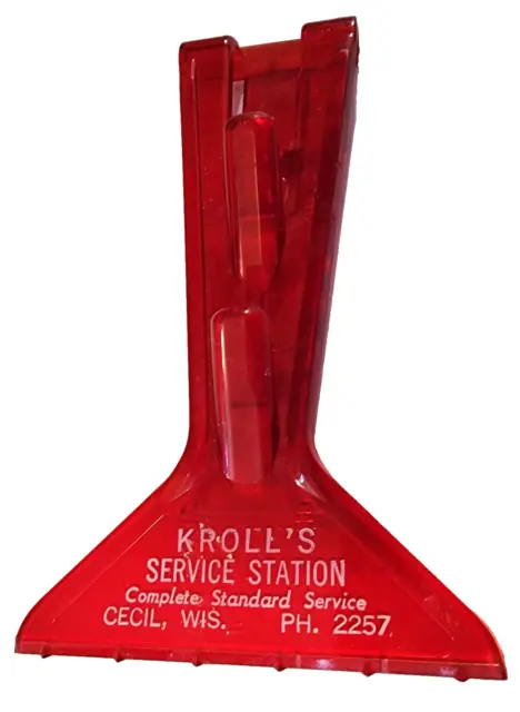 Vtg Krolls SERVICE STATION Ice Scraper CECIL Wisconsin Clear Red Plastic 4.75 In