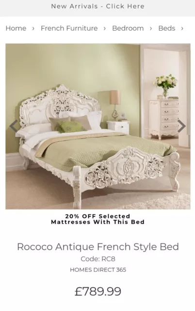 French Rococo Wooden Carved off White Painted Double Bed