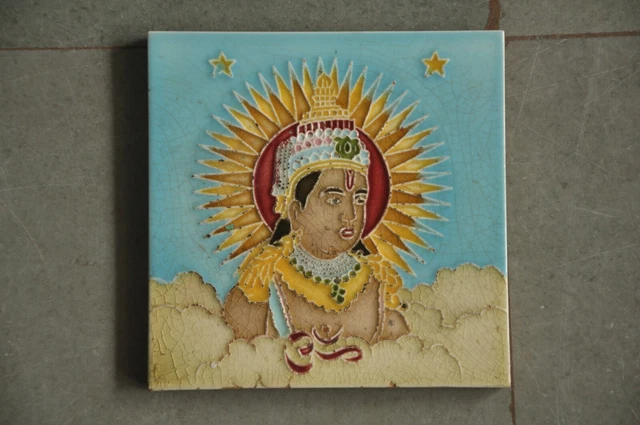 Vintage Fine Colorful Lord Krishna Embossed Ceramic Tile, Japan
