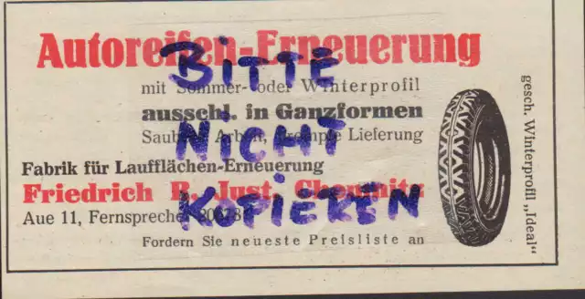 CHEMNITZ, Werbung 1938, Friedrich R. Just Auto-Reifen-Erneuerung Reifen Kfz LKW