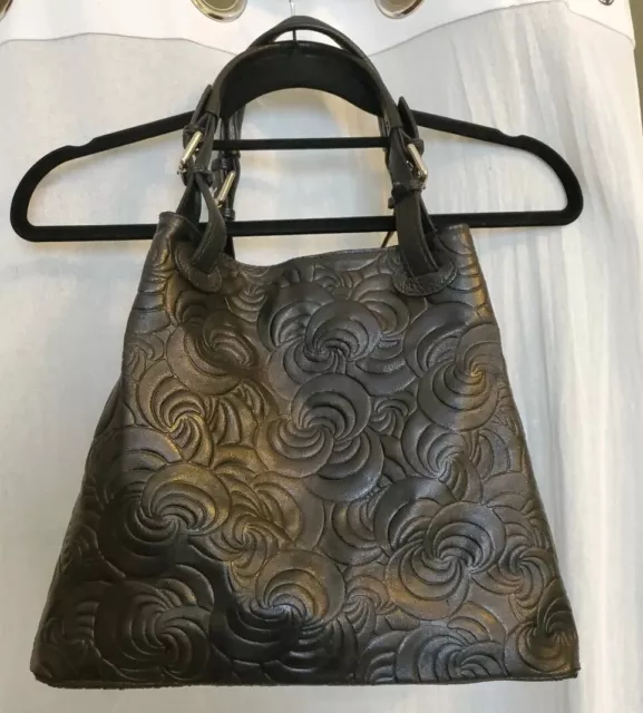 Massimo Castelli swirl scallop embossed black soft Italian leather handbag