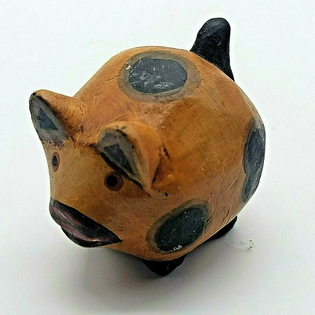 Vintage Mini PIG Figurin Papier Mache Brown Black Markings Handmade Painted 70's