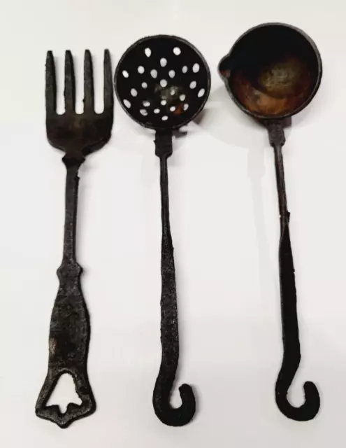 Vtg. Hand Forged Cast Iron Hanging Utensil Set Ladle Slotted Spoon Fork Taiwan