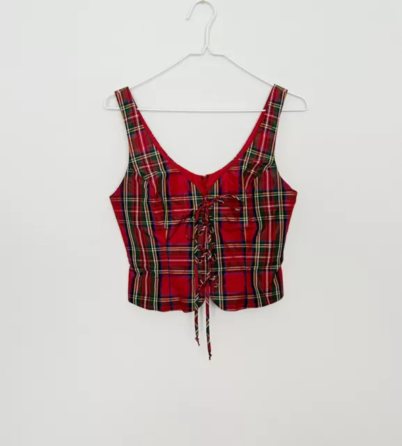 Moschino Couture Tartan Plaid Lace Up Silk Bustier Corset Top Size 6