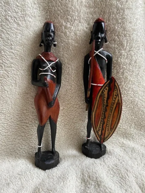 Kenya Africa, Masai Figurines A Pair of Hand Carved Maasai Wood Sculpture 12"