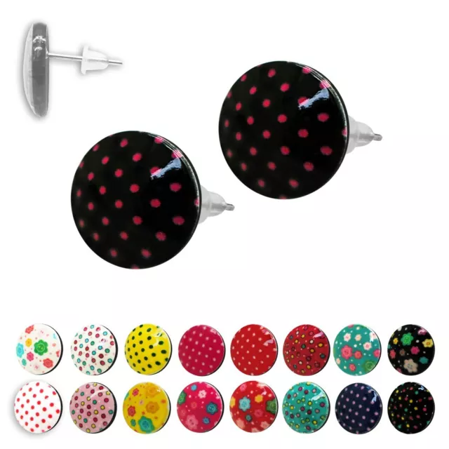 1 Paar süße Ohrstecker mit Punkten Blumen rockabilly dots rot weiß schwarz