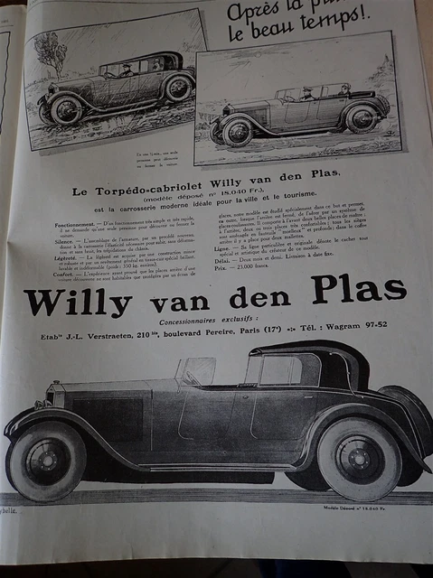 WILLY VAN DEN PLASS automobile publicité papier ILLUSTRATION AUTO 1925 col