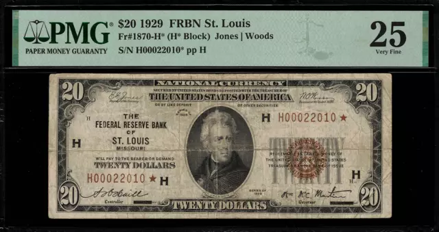 1929 $20 Federal Reserve Bank Note - St. Louis - Star Note FR.1870-H* - PMG 25