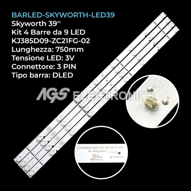 Kit 4 Barre Strip 9 Led Tv Skyworth  Kj385D09-Zc21Fg-02, Led39W6000,303Kj385031