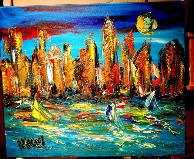 NEW YORK CITY SIGND CANVAS ART Painting Original Oil READY TO DISPLAY  STRETCHED