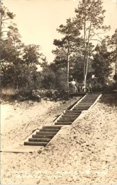 CASEVILLE MICHIGAN RUSTIC STAIRS real photo postcard MI HURON STATE PARK RPPC