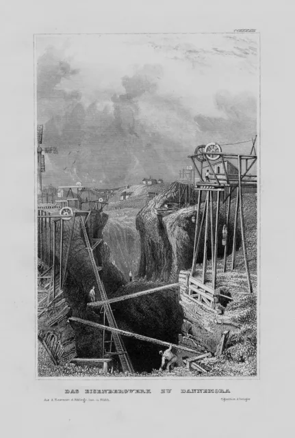 1840 - Mine Dannemora Eisen Östhammer Uppsala Schweden engraving Stahlstich