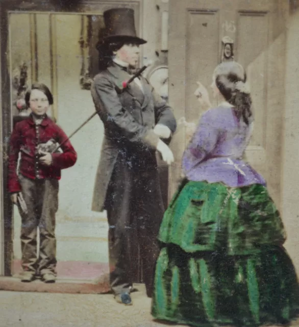 Charming 1850s Tinted Stereoview Genre Photo Going Out