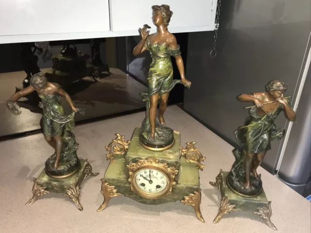 French Antique Onyx & Patinated Spelter Clock Figural Garniture After Ferrand