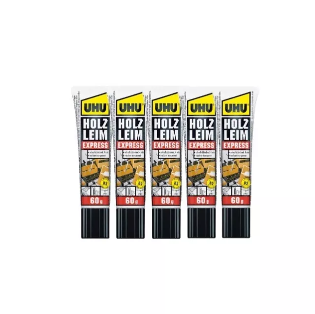 5x UHU Holzleim Express 60g Tube ohne Lösungsmittel wasserfest Weißleim Holz