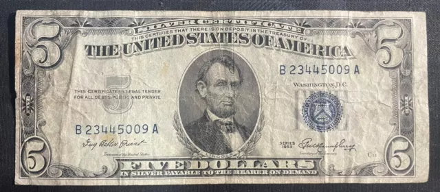 Series 1953 B $5 Silver Certificate Misaligned Seal And Uneven Cut Error