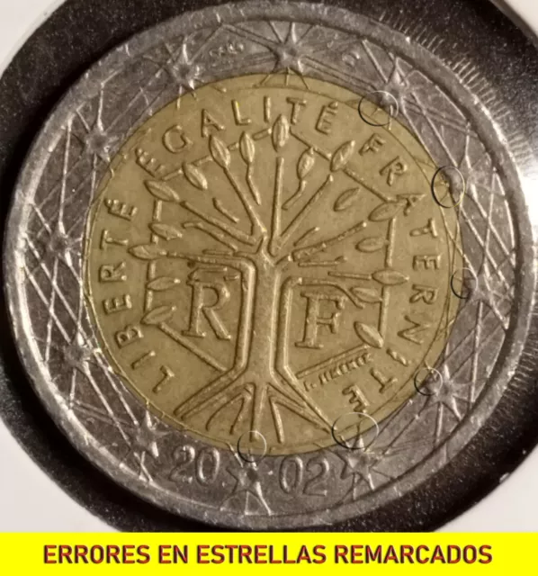 2002 Francia (Paris), moneda de 2 euros . KM # 1289, Errores en estrellas.