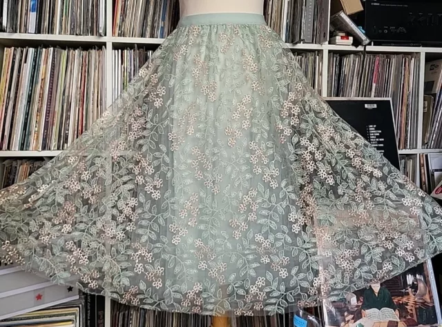 Vintage Late 80S/Early 90S Mint Green Skirt Tulle Overskirt Floral Pattern