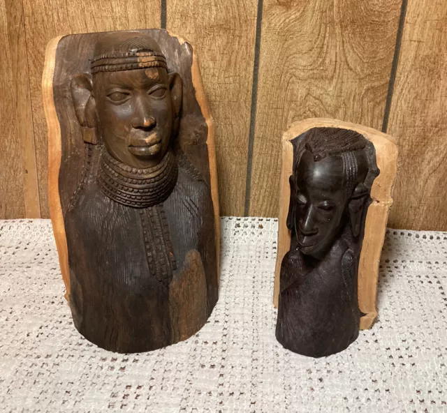 Carved Ebony Wood African Bust Pair Man Woman Natural Statue Sculpture Tribal