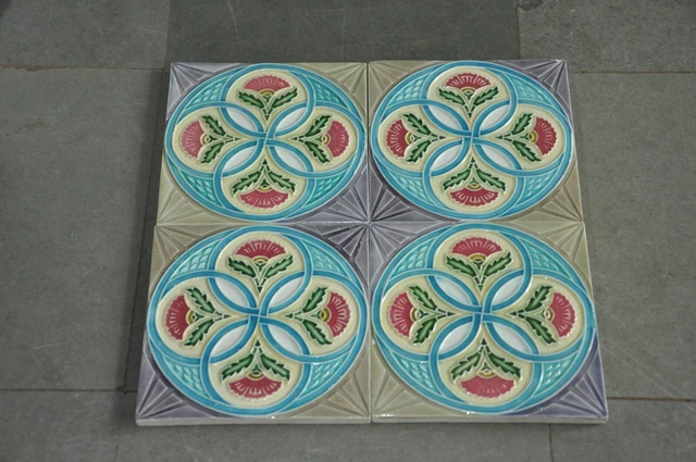 4 Pc Vintage Liberty Mark Flower & Cicles Embossed Ceramic Tiles , Japan