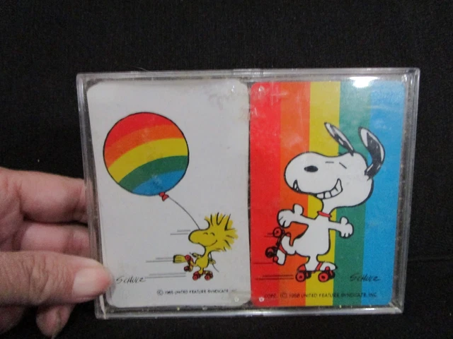 VTG HALLMARK/PEANUTS Plastic Coated Bridge Playing Card Set, 2 Decks In Case~USA