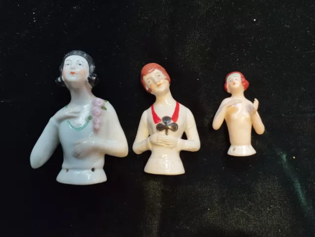 Three great vintage or antique German porcelain pin cushion half doll flappers