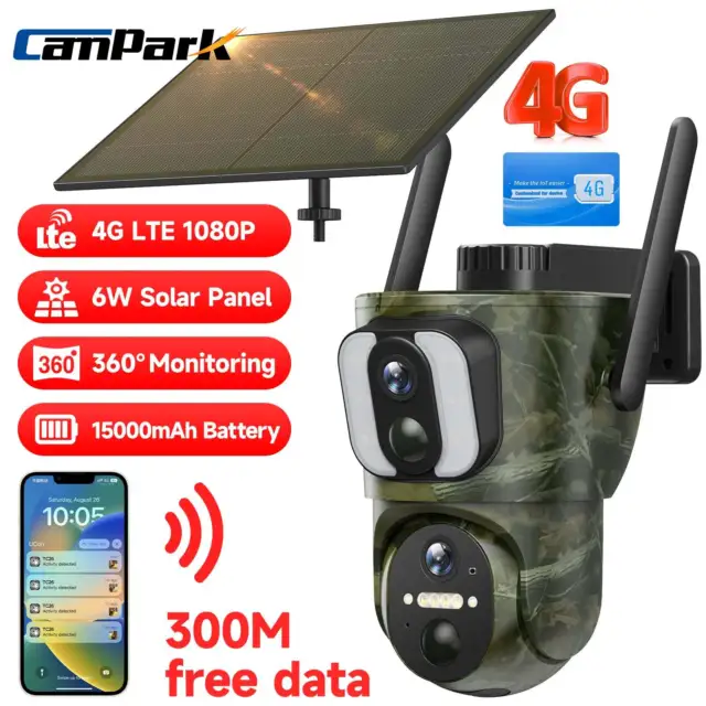 Campark 4G LTE Cellular Wildlife Trail Camera Solar Dual lens PIR Security Cam
