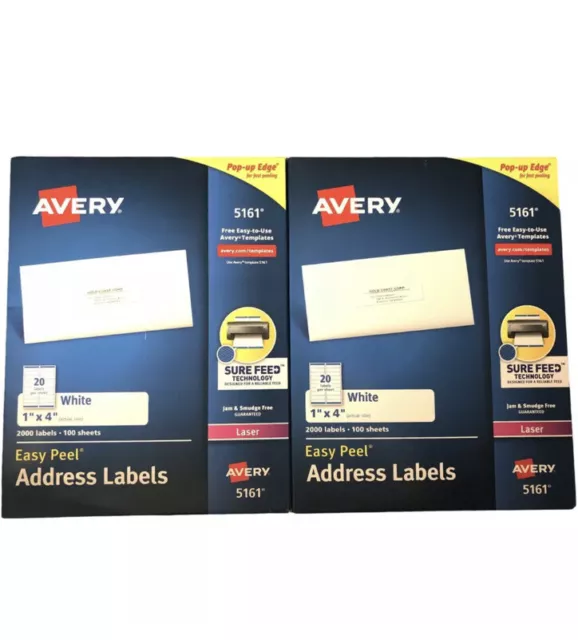 2 X Avery 5161 White Easy Peel Address Laser Labels 1" x 4" 2000 Labels Each NEW