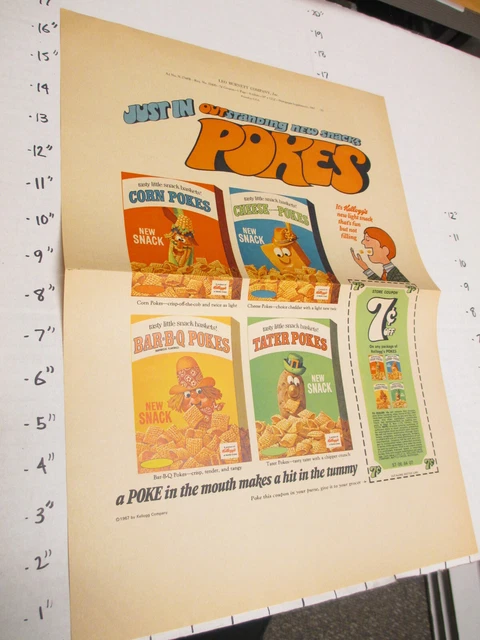 KELLOGG'S Corn Cheese Bar-B-Q Tater POKES snack food box 1967 print ad proof