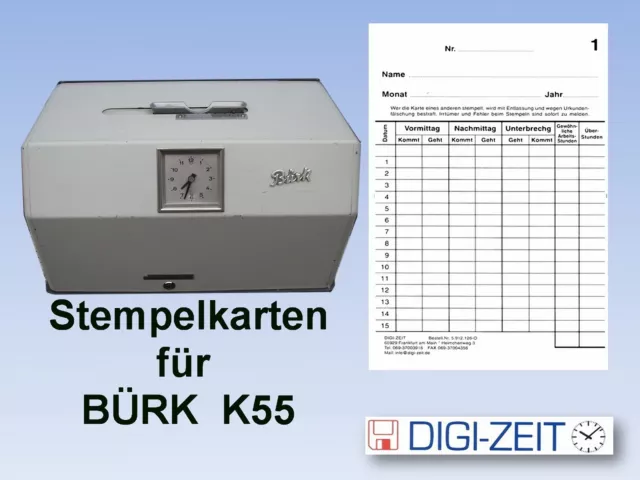 Stempelkarten für Stempeluhr BÜRK K 55  106 x 180mm  je Pack 100 Stück