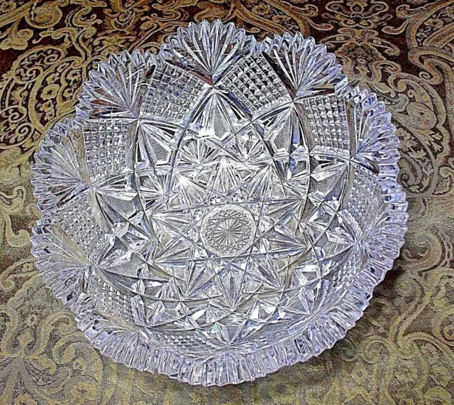 ABP American Brilliant Period Cut Glass 9 1/2" Bowl Star Fans Arches Stunning!