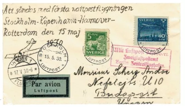 Airmail letter night flight Stockholm Berlin Vienna Budapest 1930