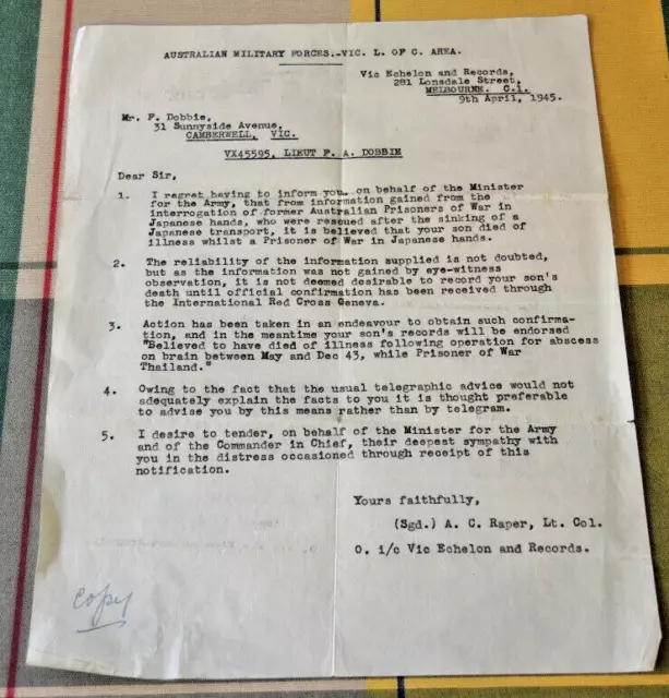 Typewritten Copy Letter To Inform Of Death Prisoner Of War Camp Vx45595 Dobbie