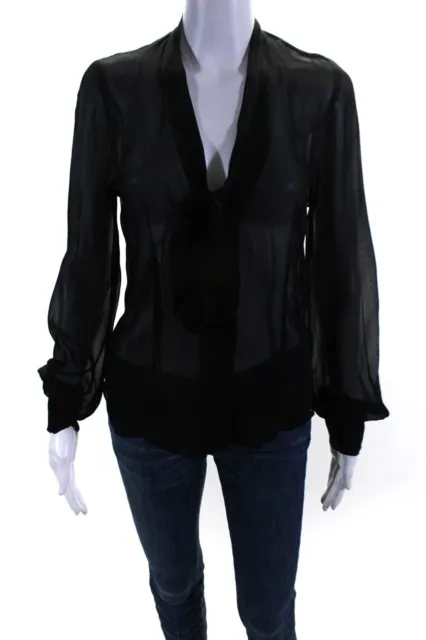 Reformation Womens Tied Buttoned Sheer Long Sleeve Blouse Top Black Size S