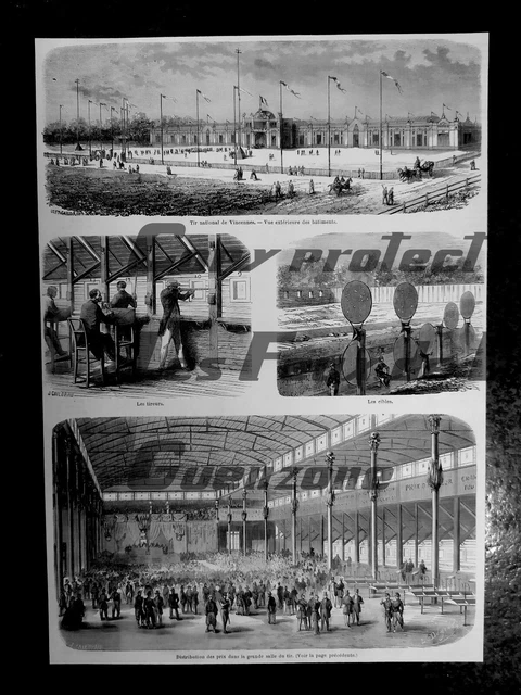 TIR NATIONAL VINCENNES CIBLES TIREURS DISTIBUTION PRIX  gravure 1861 document