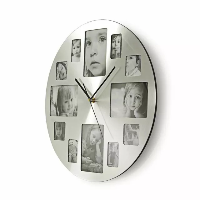 Nedis 40cm Photo Frame Wall Clock - 12 Multi Pictures Personalise Silver Metal