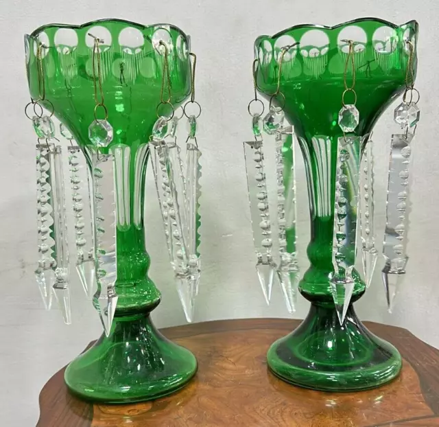 A PAIR OF 19TH CENTURY GREEN AND CLEAR GLASS LUSTRES In February Collectables