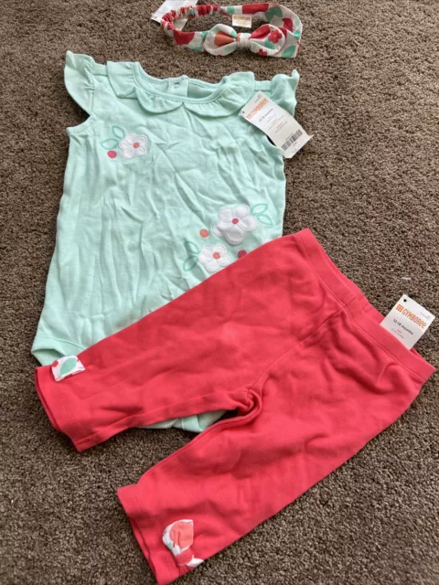 GYMBOREE Baby Girls Floral Peach Outfit Bodysuit Pants Headband NWT 12-18 M