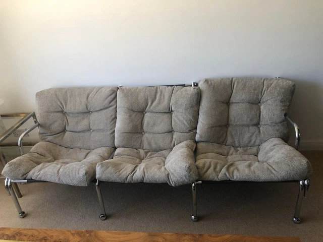 MID CENTURY CHROME TUBULAR 3 SEATER SOFA ON CASTERS 60s 70s VINTAGE RETRO COUCH