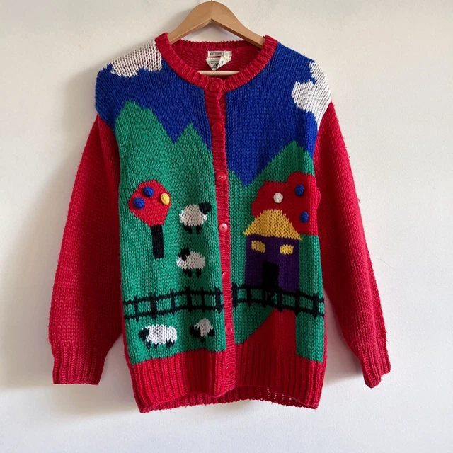 VINTAGE NOVELTY KNIT jumper red farm scene sweater cardigan 80s 90s