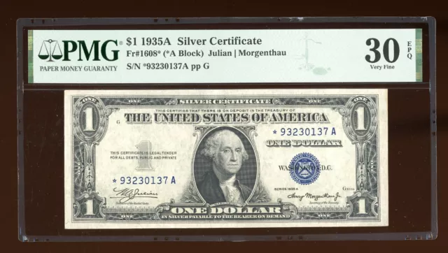 DBR 1935-A $1 Silver STAR Fr. 1608* PMG 30 EPQ Serial *93230137A