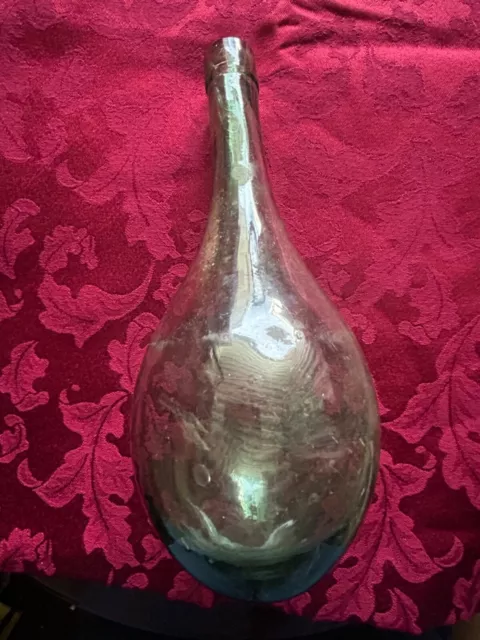 Antique Hand Blown Green Glass Round Bottom Wine Bottle - 19th Century
