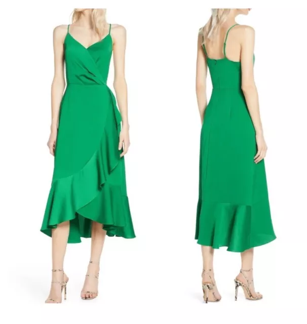 Chelsea 28 Women's Green A Line Midi Drape Ruffle Faux Wrap Dress Size M NWT