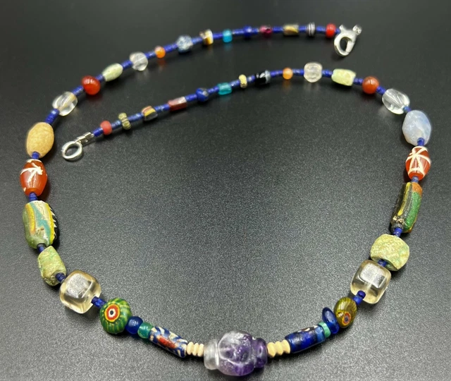 Himalaya Greek Roman Glass Lapis Agate Old Trade Jewelry Bead Necklace Dzi Stone