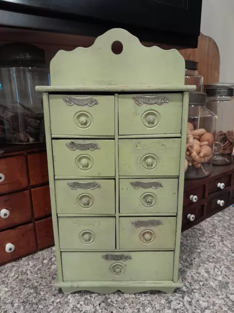 Old Antique 9 Drawer Spice Apothecary Cabinet~Apple Green Paint~Aafa