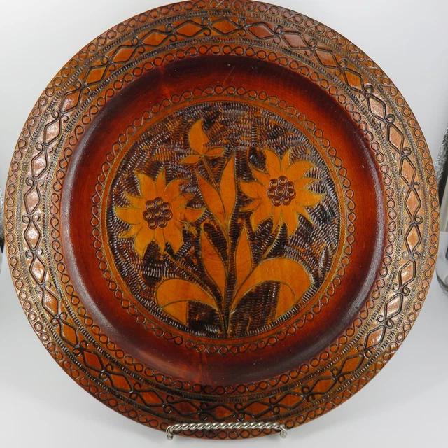 Vintage large wooden decorative FOLK ART PLATE 10.25" Hand-carved POLAND Floral