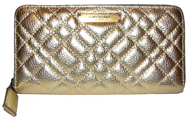 KURT GEIGER Gold Quilted Leather Zip-Around Wallet NWT