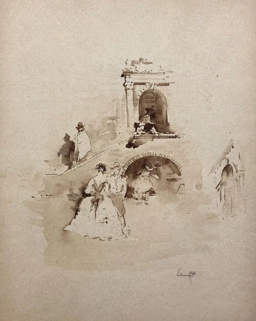 Dessin à L'encre Lavis Signé - Scène De Rue Au Maghreb (Algérie, Maroc, Tunisie) - Daté 1958 - Art Original XXe Siècle